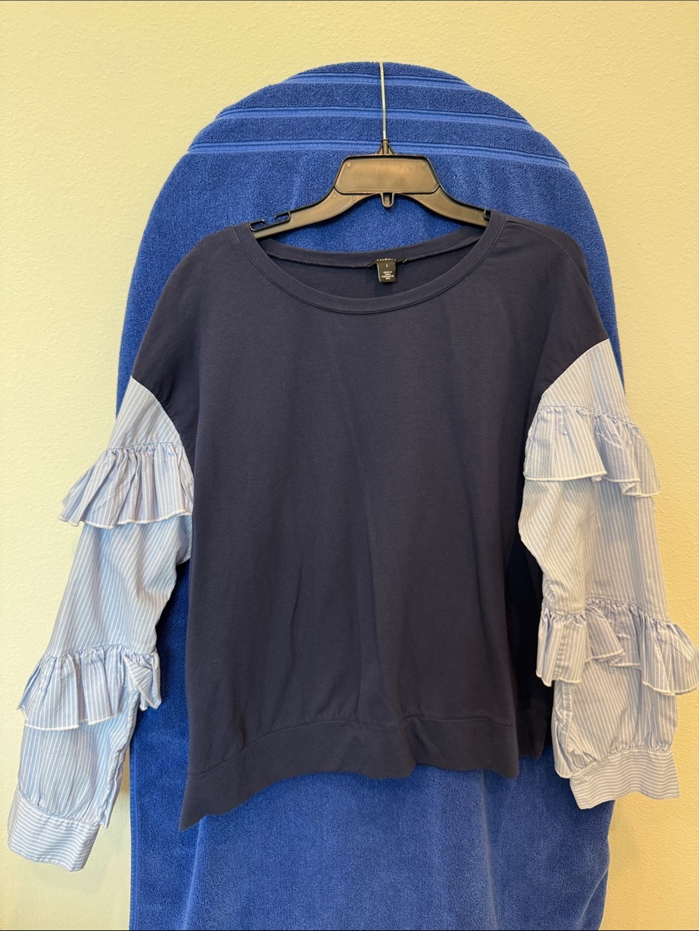 Halogen Navy Sweatshirt with Light Blue Tiered Ruffle Sleeves